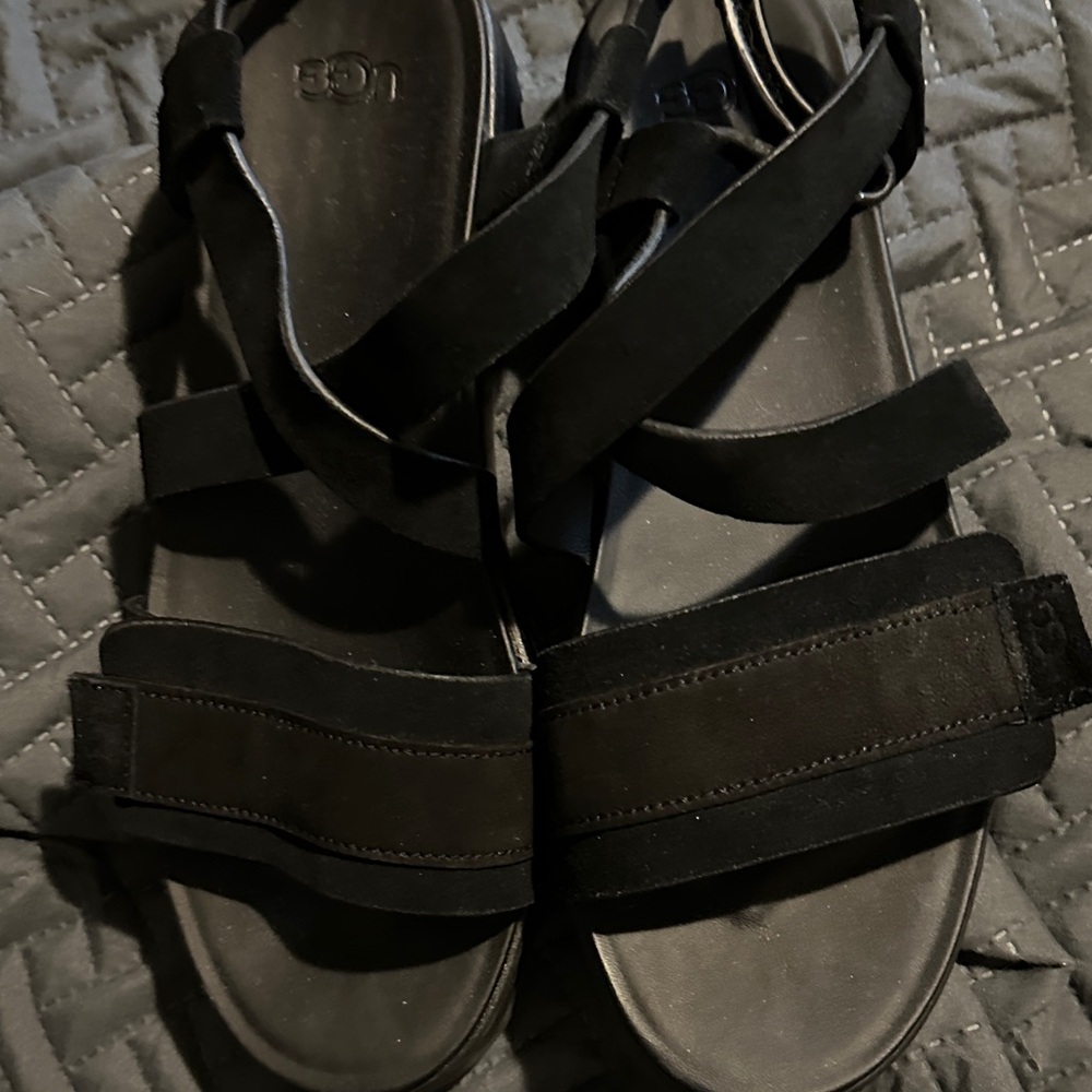 UGG Black Leather Crisscross Strap Sandals